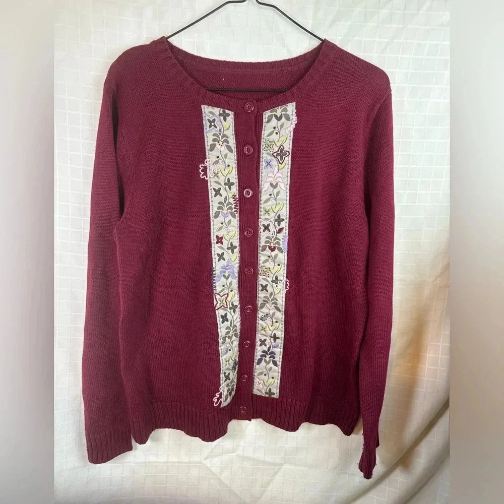 Vintage Womens Red Maroon Button Up Cardigan Embroidered Sz L Granny 20”p2p